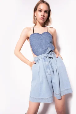 Pantalons|PINKO Short En Denim Fluide Delavage Moyen