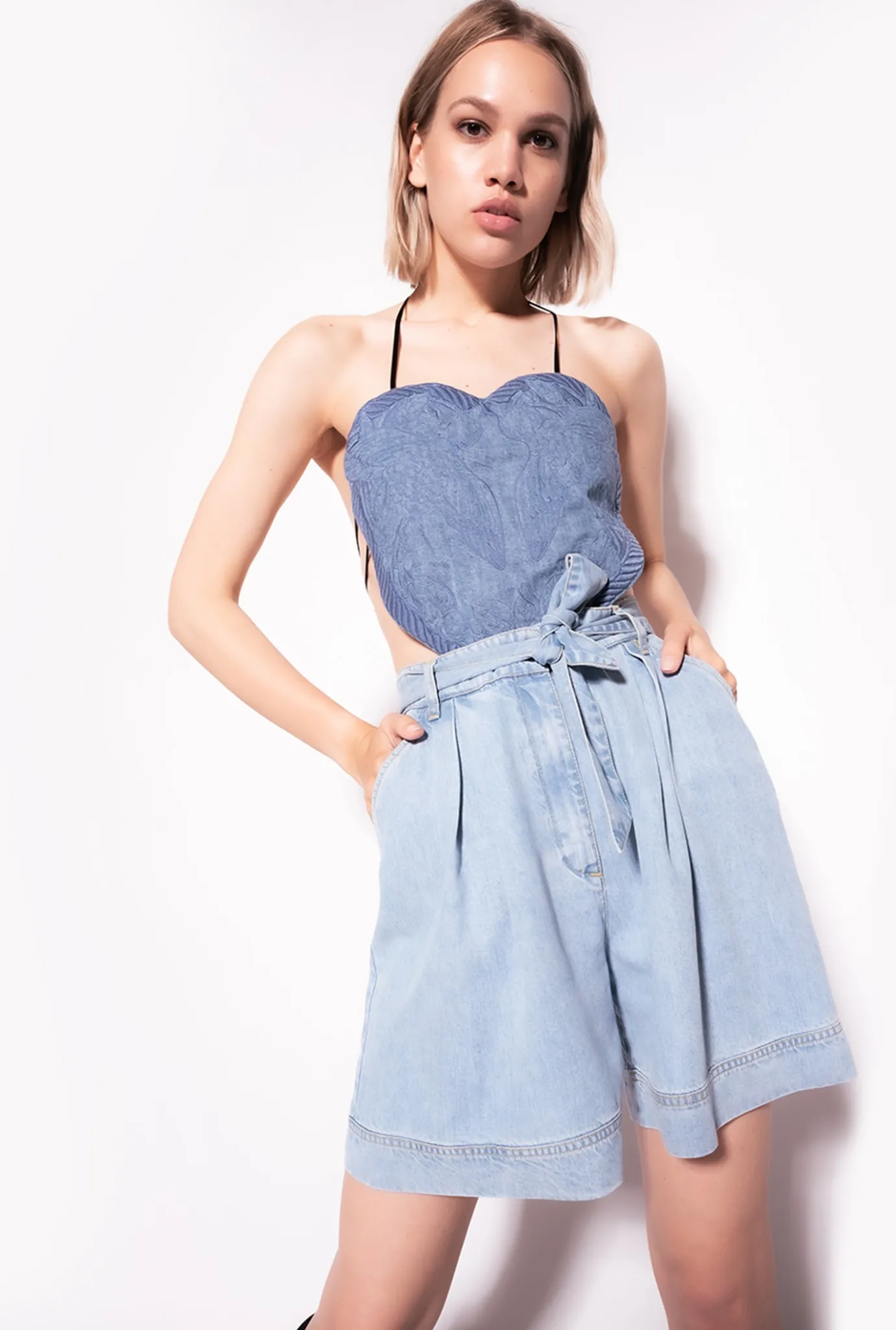 Pantalons|PINKO Short En Denim Fluide Delavage Moyen