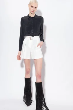 Pantalons|PINKO Short En Lin Avec Ceinture Blanc Soie