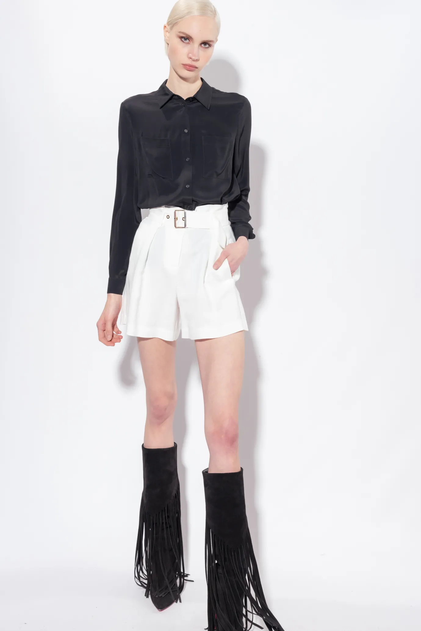 Pantalons|PINKO Short En Lin Avec Ceinture Blanc Soie