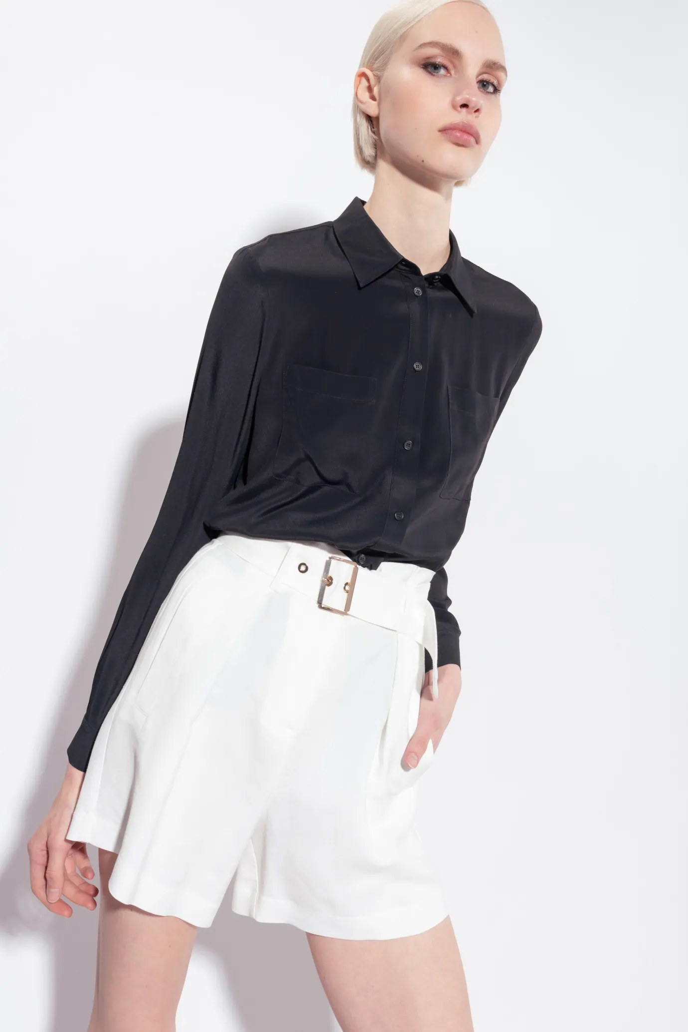 Pantalons|PINKO Short En Lin Avec Ceinture Blanc Soie