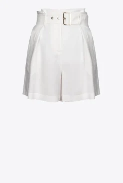 Pantalons|PINKO Short En Lin Avec Ceinture Blanc Soie