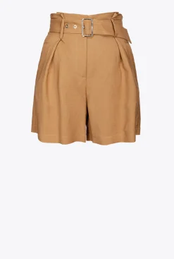 Pantalons|PINKO Short En Lin Avec Ceinture Moutarde