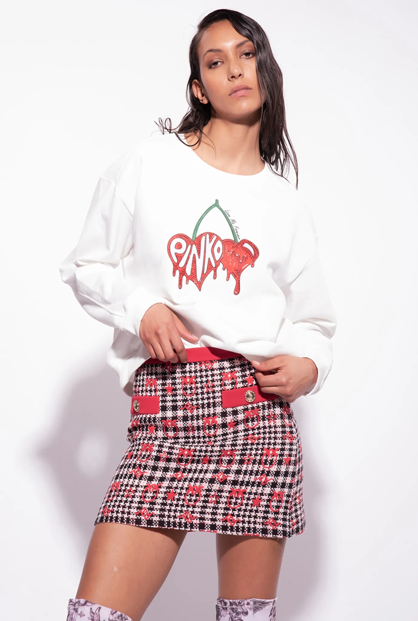 Pièces En Maille|PINKO Sweat-Shirt A Imprime Cerise Blanc Soie