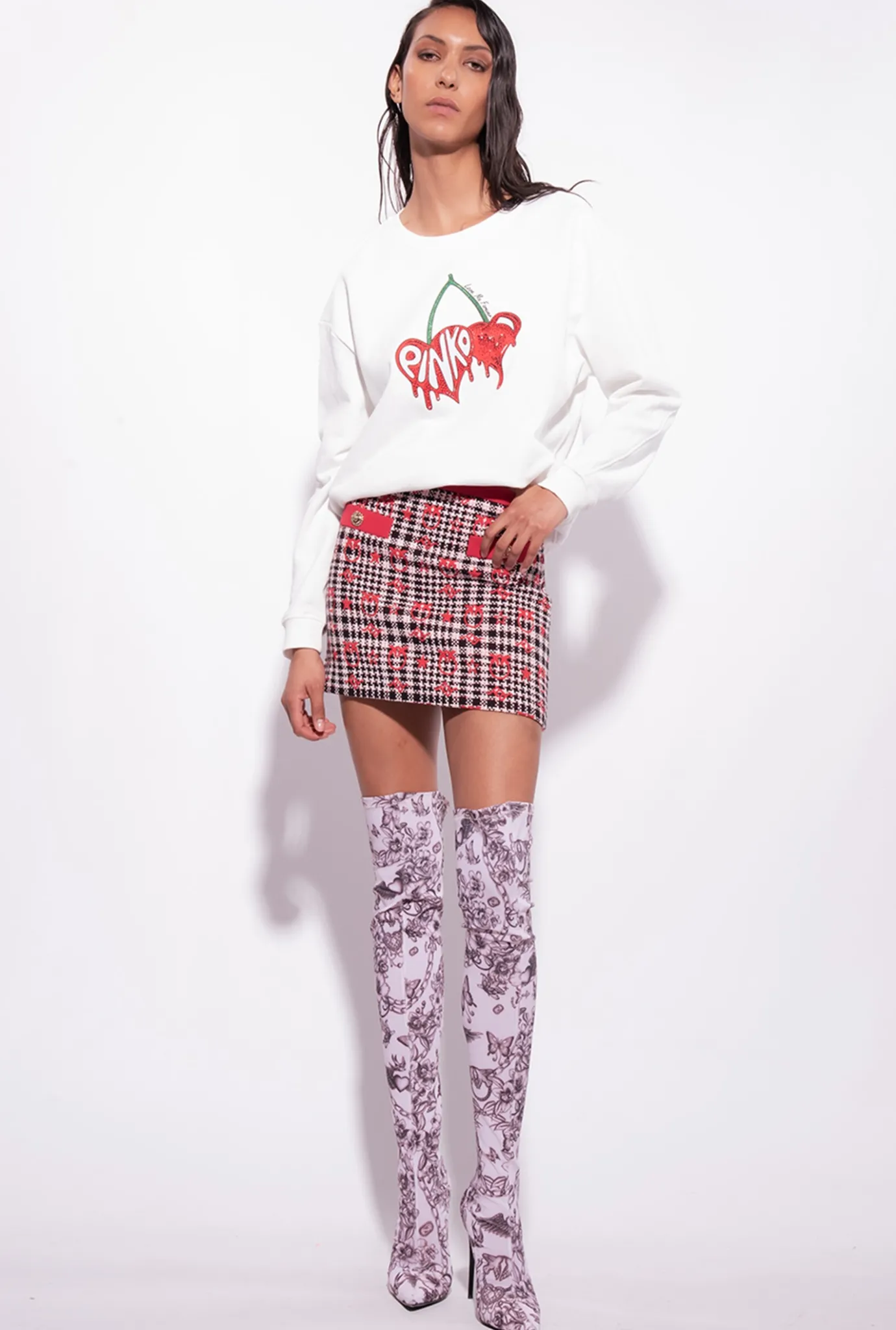 Pièces En Maille|PINKO Sweat-Shirt A Imprime Cerise Blanc Soie