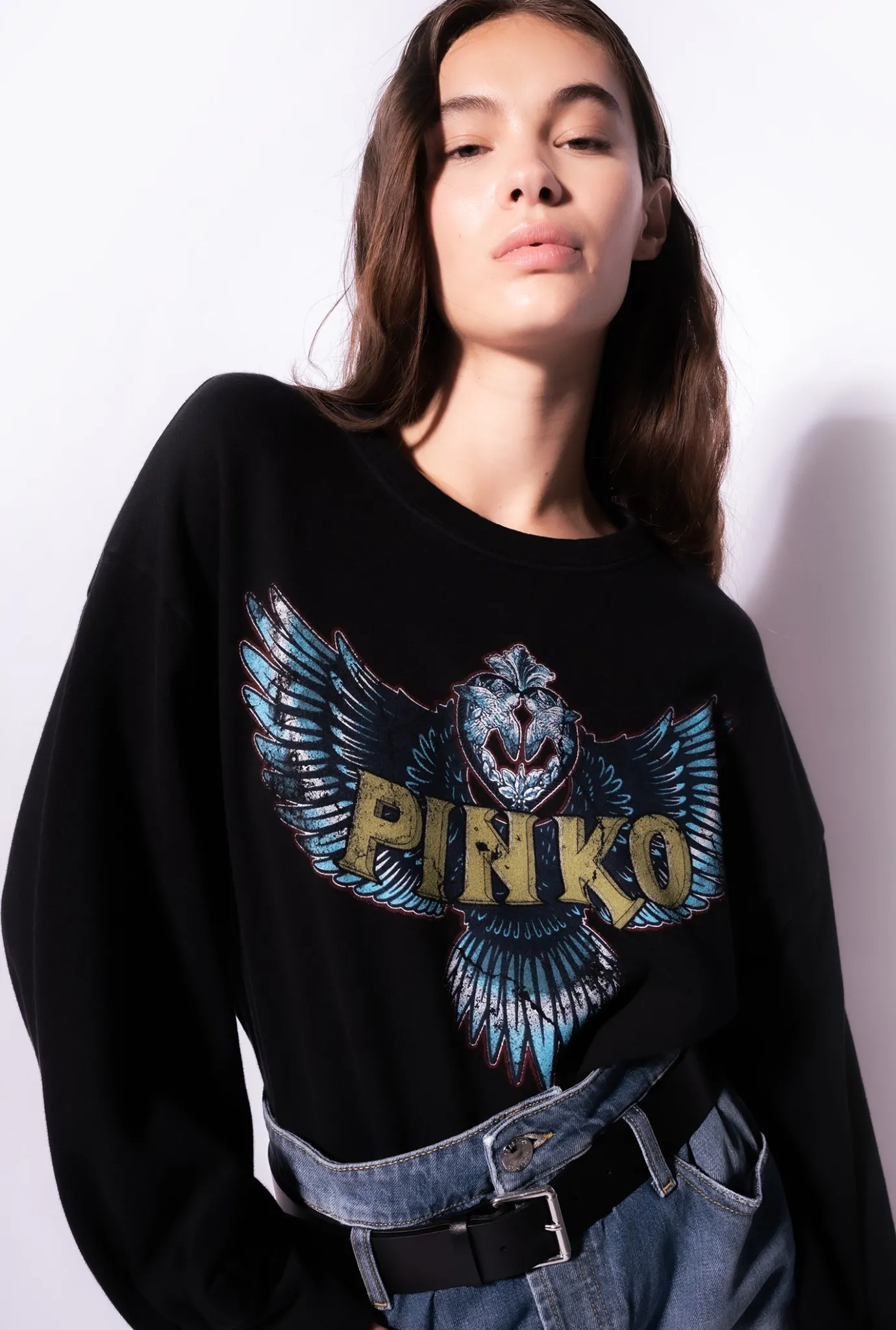 Pièces En Maille|PINKO Sweat-Shirt Imprime Ailes Et Logo Gris-Noir Intense