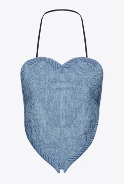 Topwear|PINKO Top A Encolure Coeur En Denim Brode Delavage Clair