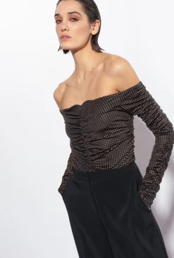 Topwear|PINKO Top A Epaules Denudees A Micro Clous Noir/Or