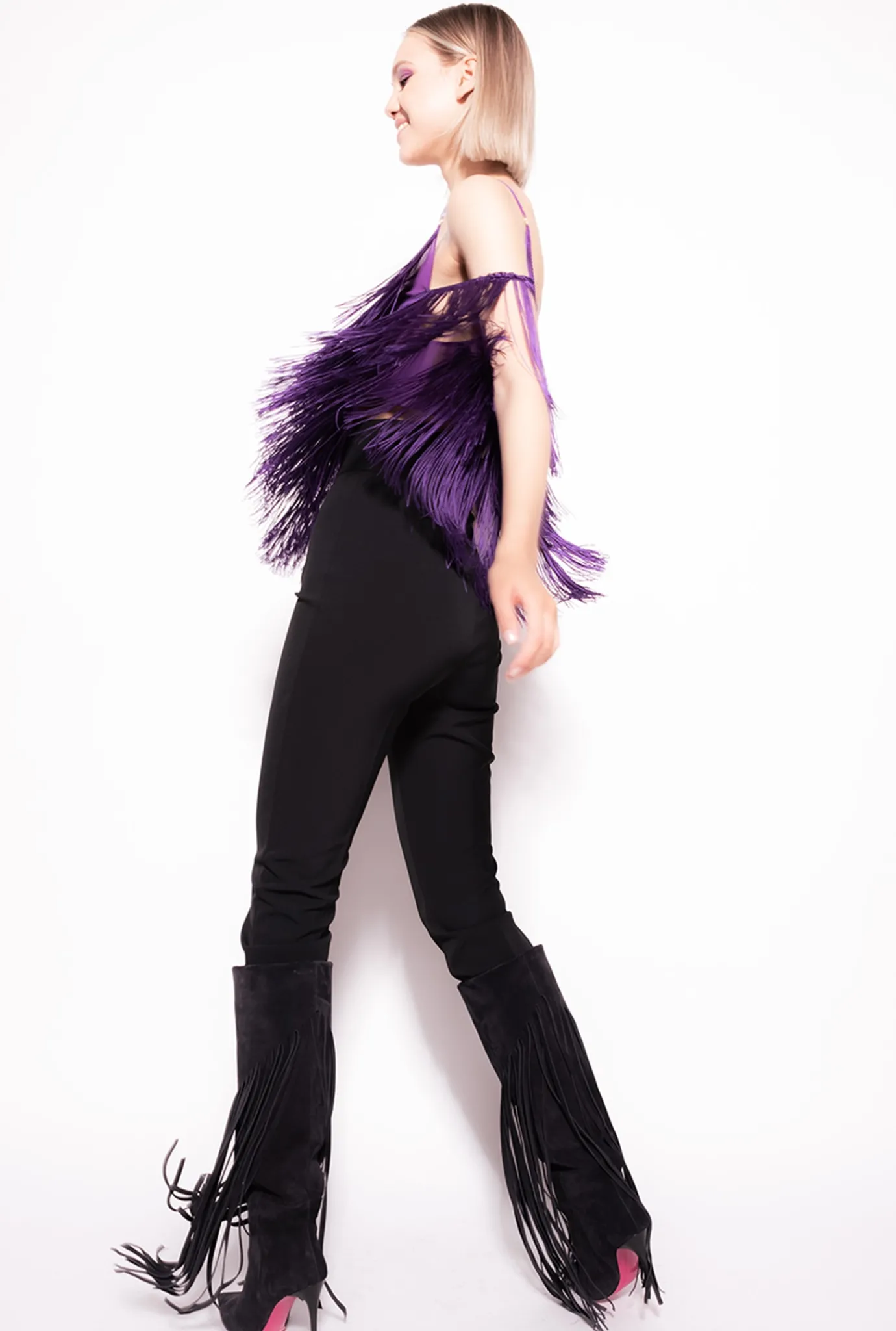 Tailleurs Et Ensembles|PINKO Top A Franges Fines Violet Pensee
