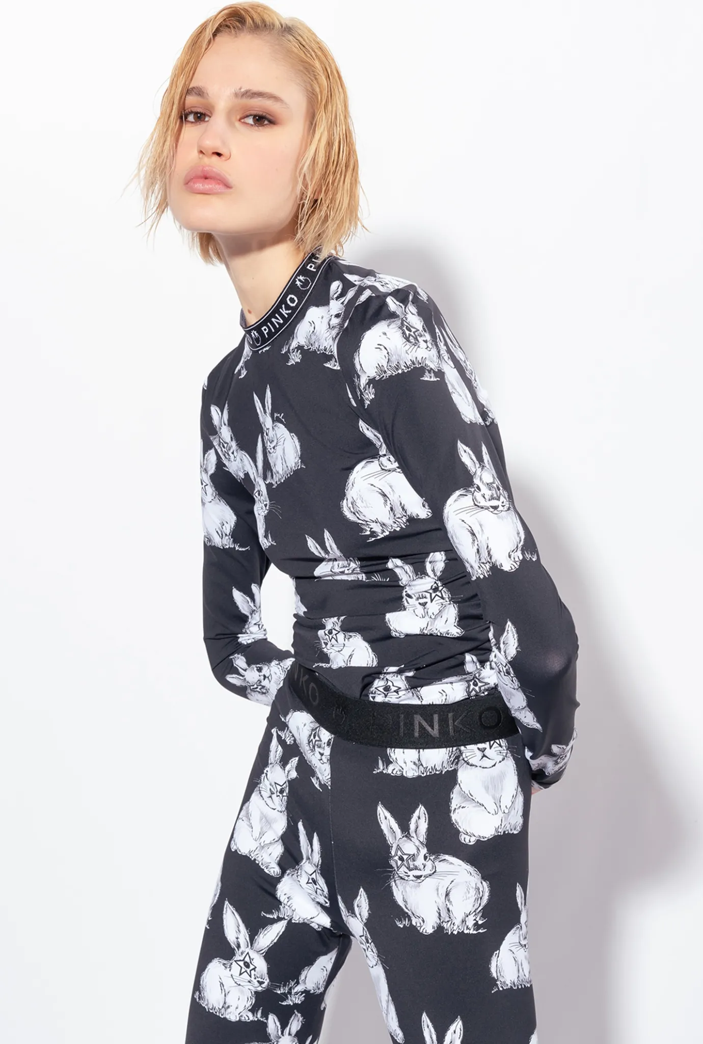 Tailleurs Et Ensembles|PINKO Top A Manches Longues A Lapins Noir/Gris/Blanc