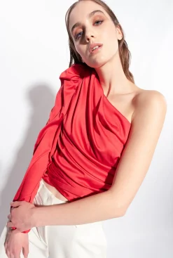 Tailleurs Et Ensembles|PINKO Top Asymetrique En Satin Rouge Chili