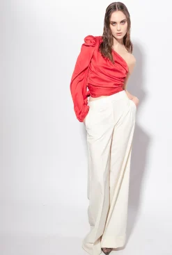 Tailleurs Et Ensembles|PINKO Top Asymetrique En Satin Rouge Chili
