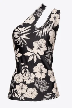 Tailleurs Et Ensembles|PINKO Top Asymetrique Fleur Graphique Noir/Beurre