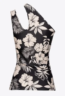 Tailleurs Et Ensembles|PINKO Top Asymetrique Fleur Graphique Noir/Beurre