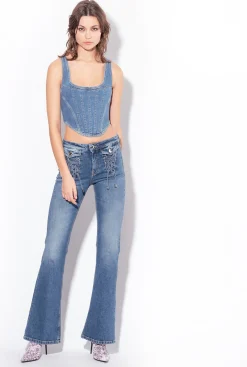 Topwear|PINKO Top Bustier En Denim Delavage Moyen Fonce