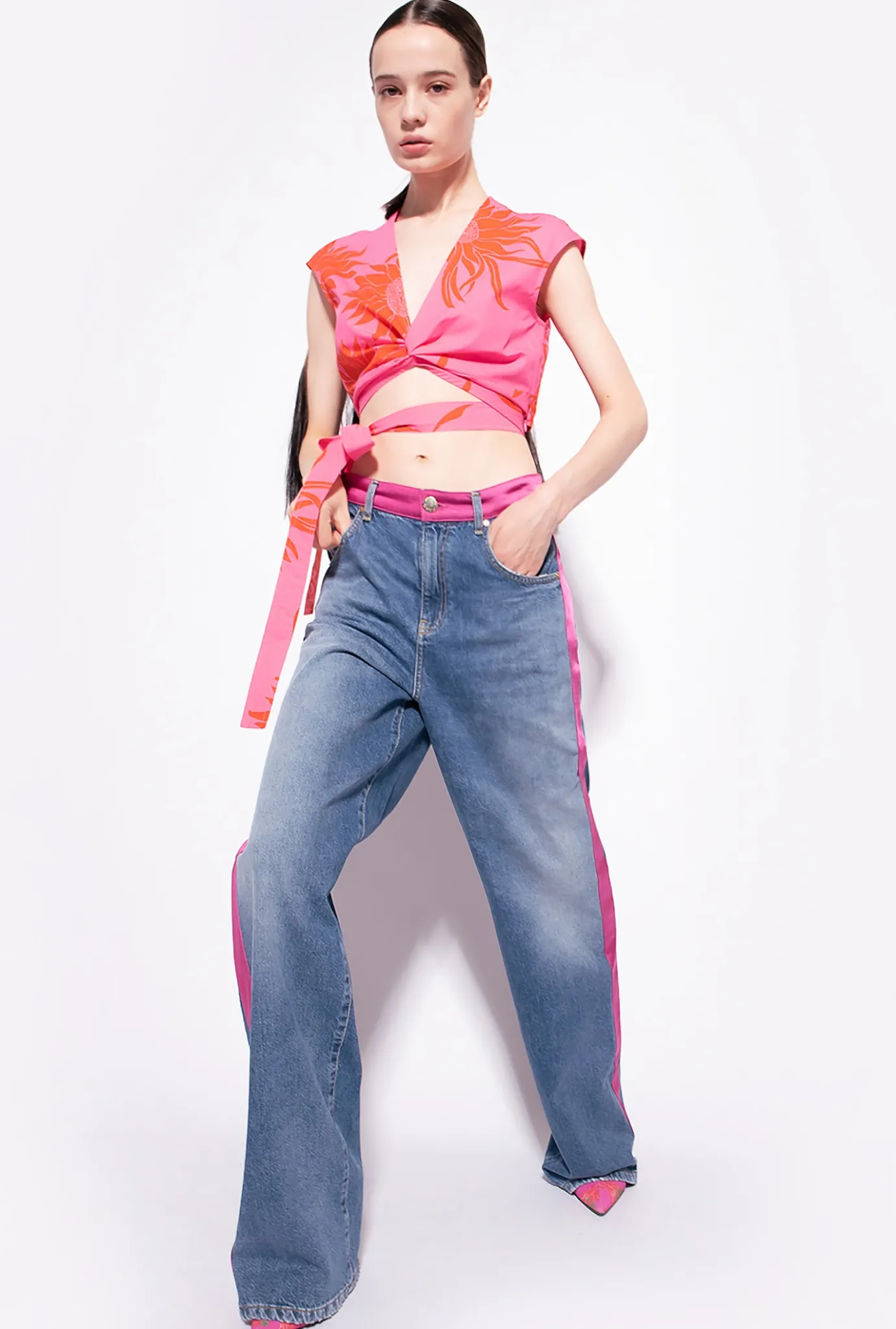 Topwear|PINKO Top Ceinture A Imprime Grande Fleur Rose/Rouge