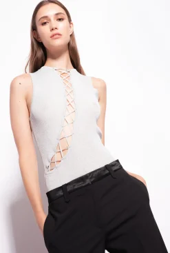Pièces En Maille|PINKO Top Cotele A Lacets En Lurex Argent-Metallise