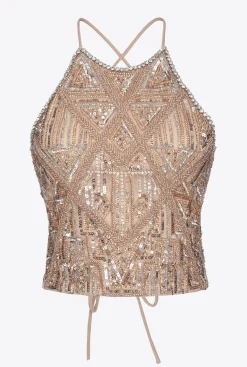 Topwear|PINKO Top Court Brode De Cristaux Multi. Nude/Argent/Or
