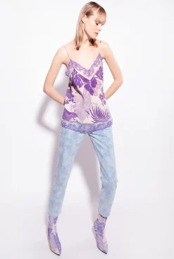 Tailleurs Et Ensembles|PINKO Top En Crepe Marocain A Imprime Tropical Nude/Violet