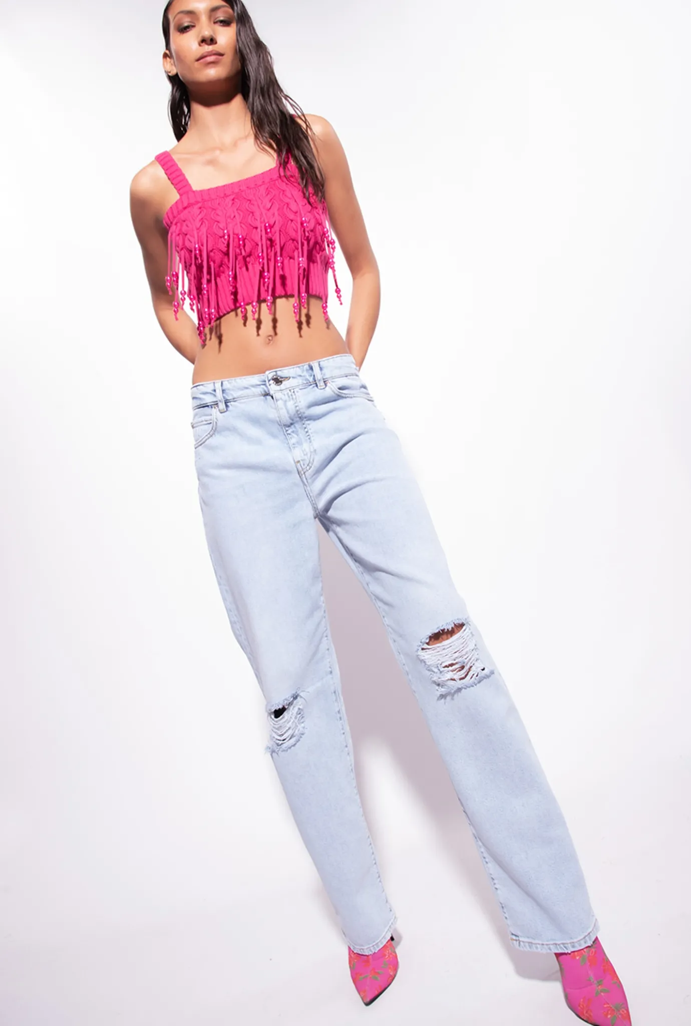 Topwear|PINKO Top En Maille A Perles Rouge Framboise