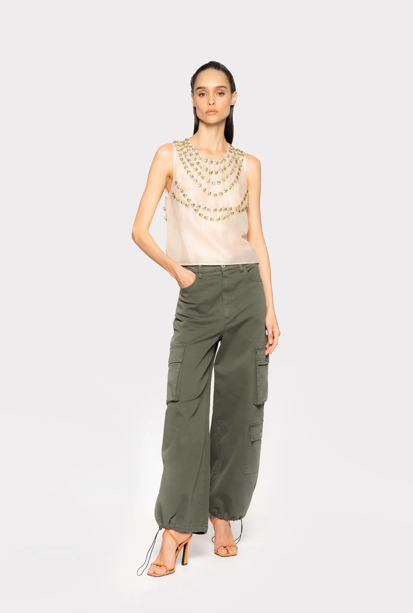 Topwear|PINKO Top En Mousseline A Broderie Brillante Nude/Or