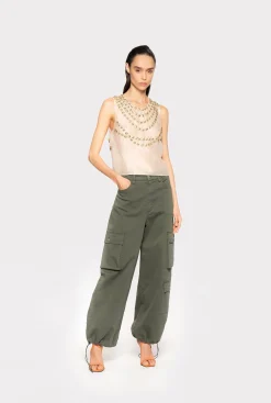 Topwear|PINKO Top En Mousseline A Broderie Brillante Nude/Or