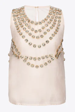 Topwear|PINKO Top En Mousseline A Broderie Brillante Nude/Or