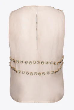Topwear|PINKO Top En Mousseline A Broderie Brillante Nude/Or