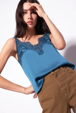 Topwear|PINKO Top En Satin Et Dentelle Bleu Marocain