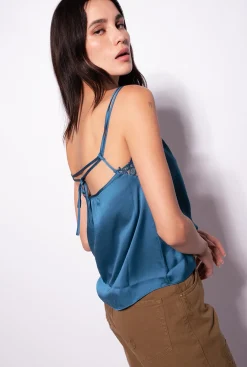 Topwear|PINKO Top En Satin Et Dentelle Bleu Marocain