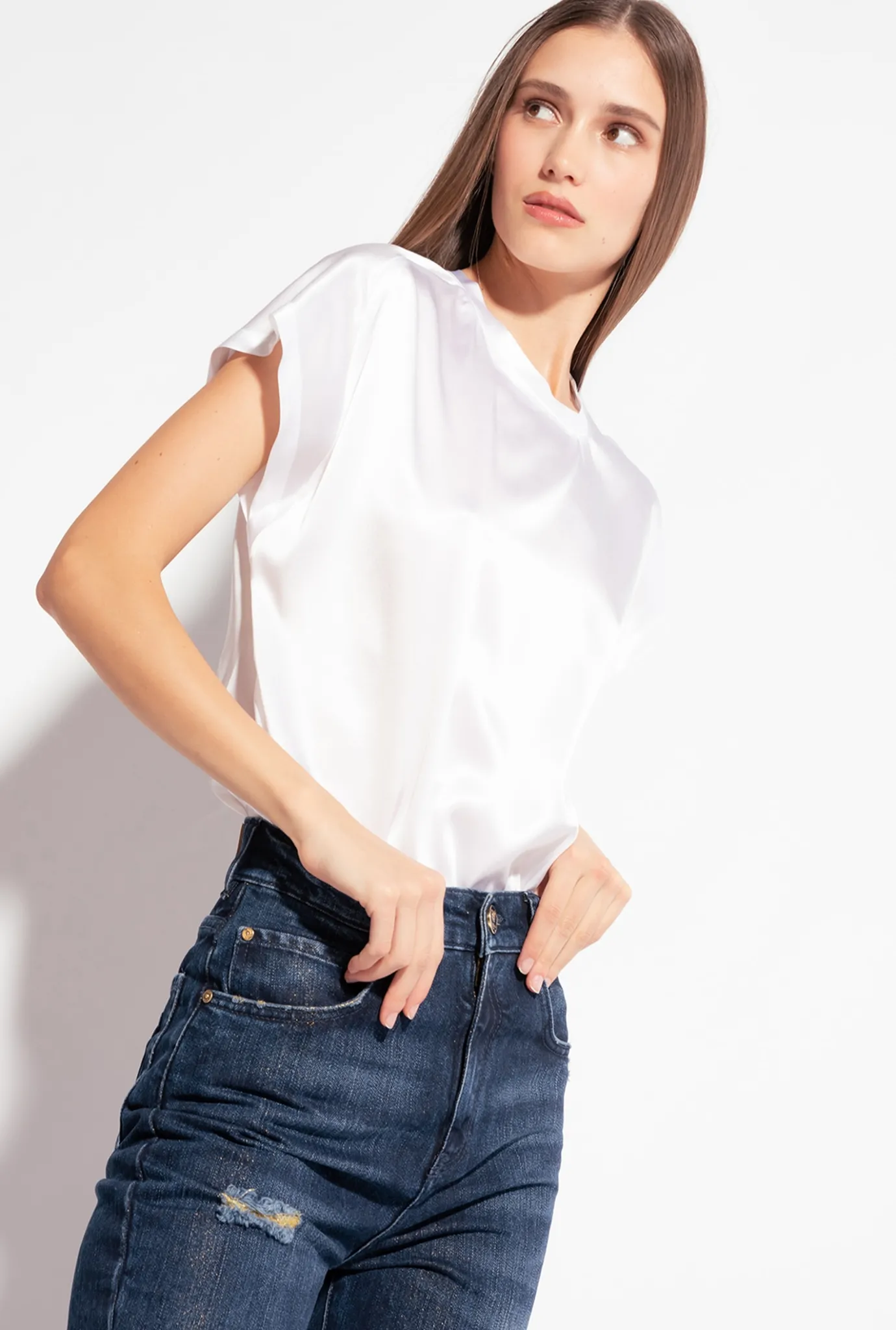 Chemises Et Blouses|PINKO Top En Satin Stretch Blanc Brill.