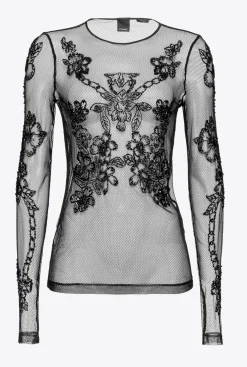 Topwear|PINKO Top En Tulle A Broderie Facon Tatouage Noir Limousine