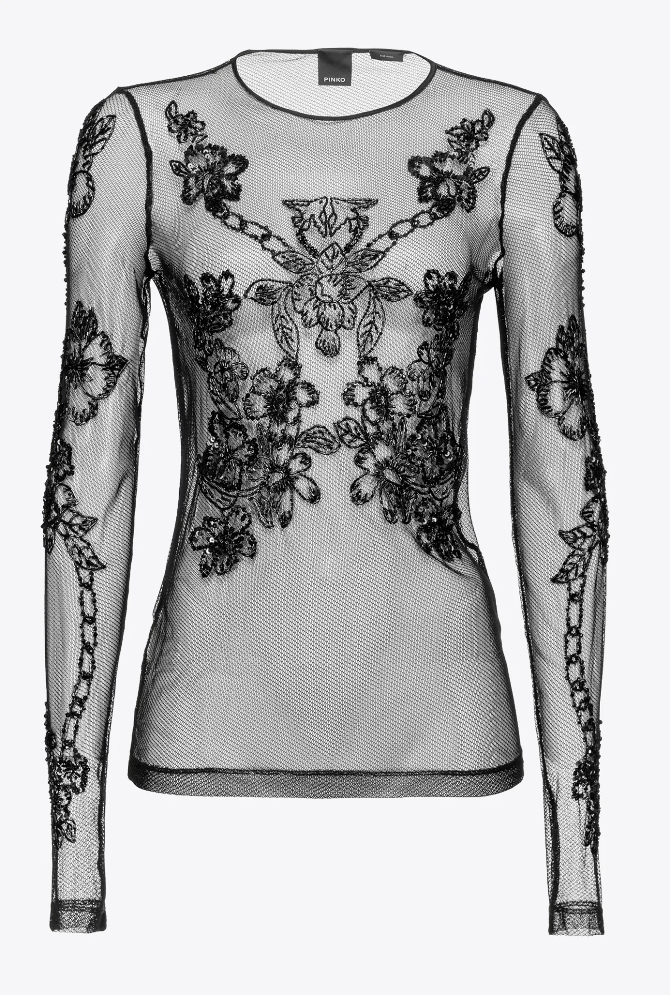 Topwear|PINKO Top En Tulle A Broderie Facon Tatouage Noir Limousine