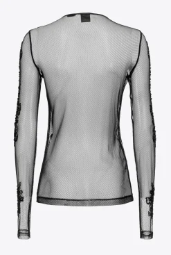 Topwear|PINKO Top En Tulle A Broderie Facon Tatouage Noir Limousine