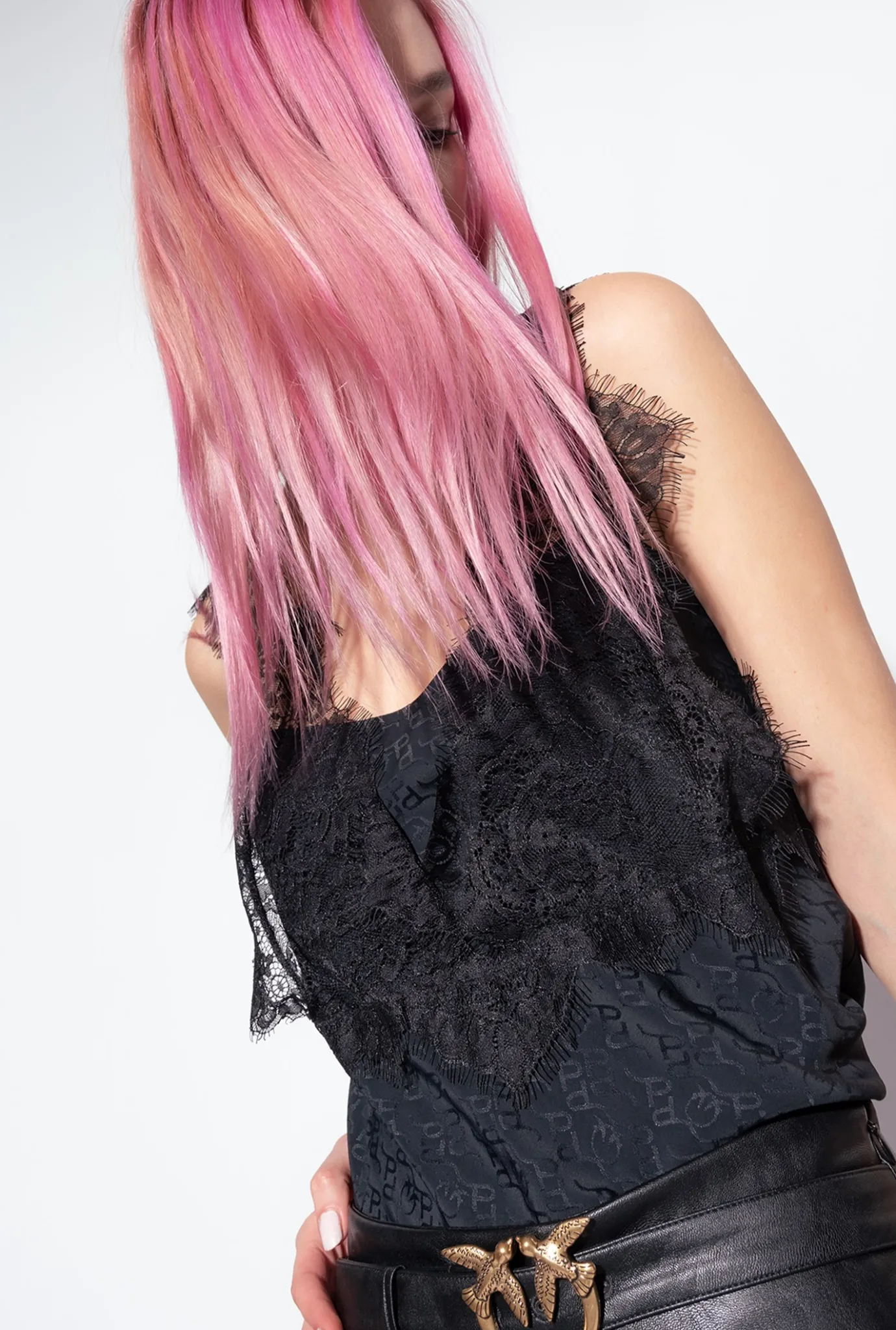 Topwear|PINKO Top Jacquard A Logo En Dentelle Noir Limousine