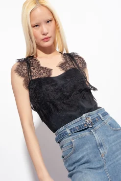 Topwear|PINKO Top Jacquard A Logo En Dentelle Noir Limousine