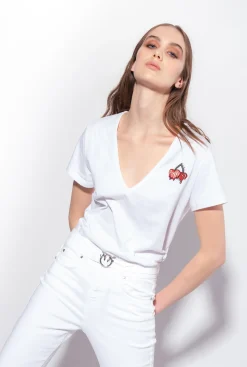 Topwear|PINKO T-Shirt A Broderie Cerises Blanc Brill.