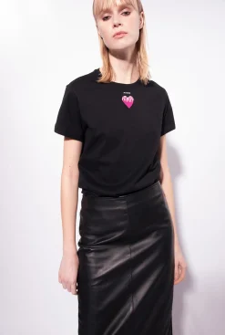 Topwear|PINKO T-Shirt A Broderie Coeur Noir Limousine
