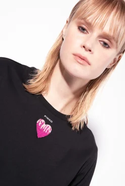 Topwear|PINKO T-Shirt A Broderie Coeur Noir Limousine