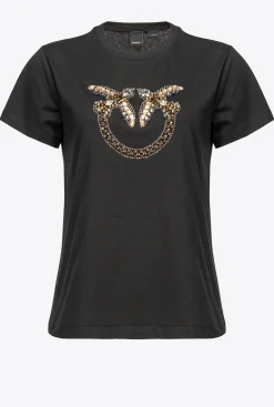 Topwear|PINKO T-Shirt A Broderie Love Birds Noir Limousine