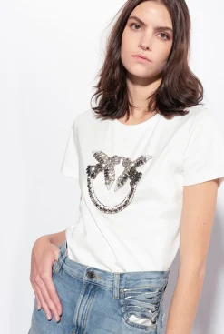 Topwear|PINKO T-Shirt A Broderie Love Birds Blanc Nimbus