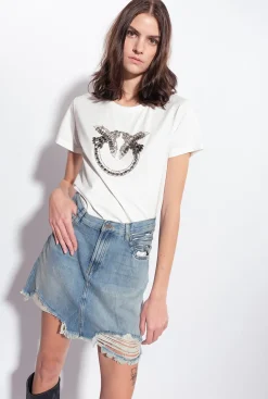 Topwear|PINKO T-Shirt A Broderie Love Birds Blanc Nimbus