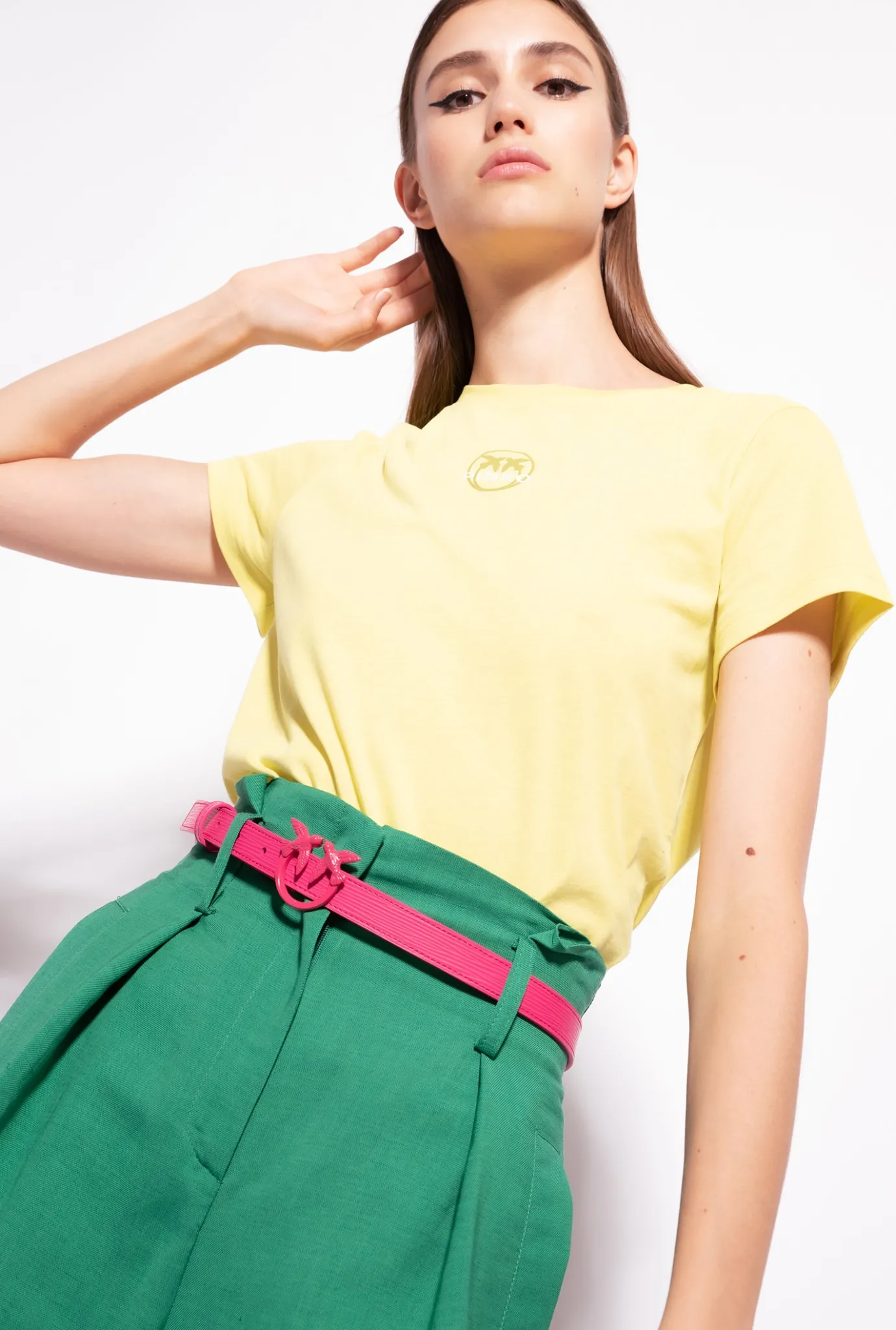 Topwear|PINKO T-Shirt A Logo Imprime Vert Olive Chaud