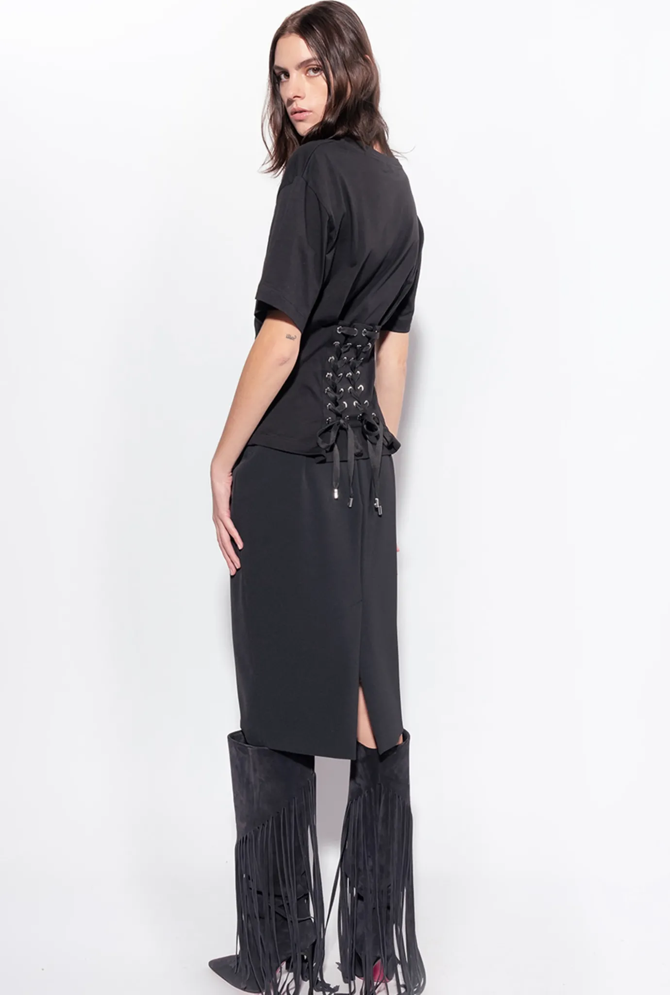 Topwear|PINKO T-Shirt Avec Lacets Au Dos Noir Limousine