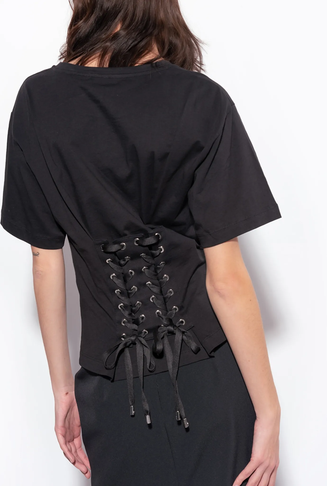 Topwear|PINKO T-Shirt Avec Lacets Au Dos Noir Limousine