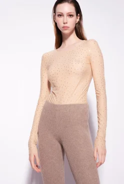Lingerie|PINKO T-Shirt Avec Strass All-Over Beige/Amande Mate