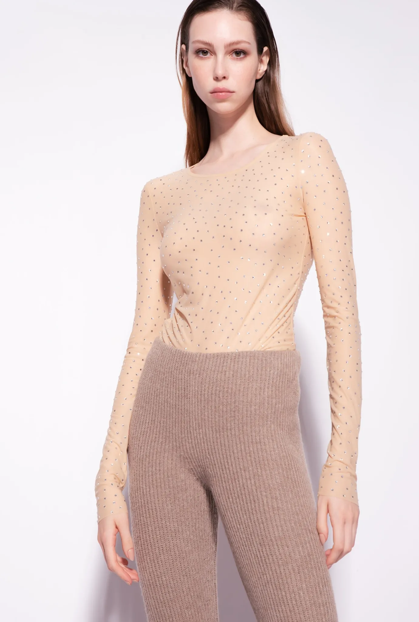 Lingerie|PINKO T-Shirt Avec Strass All-Over Beige/Amande Mate