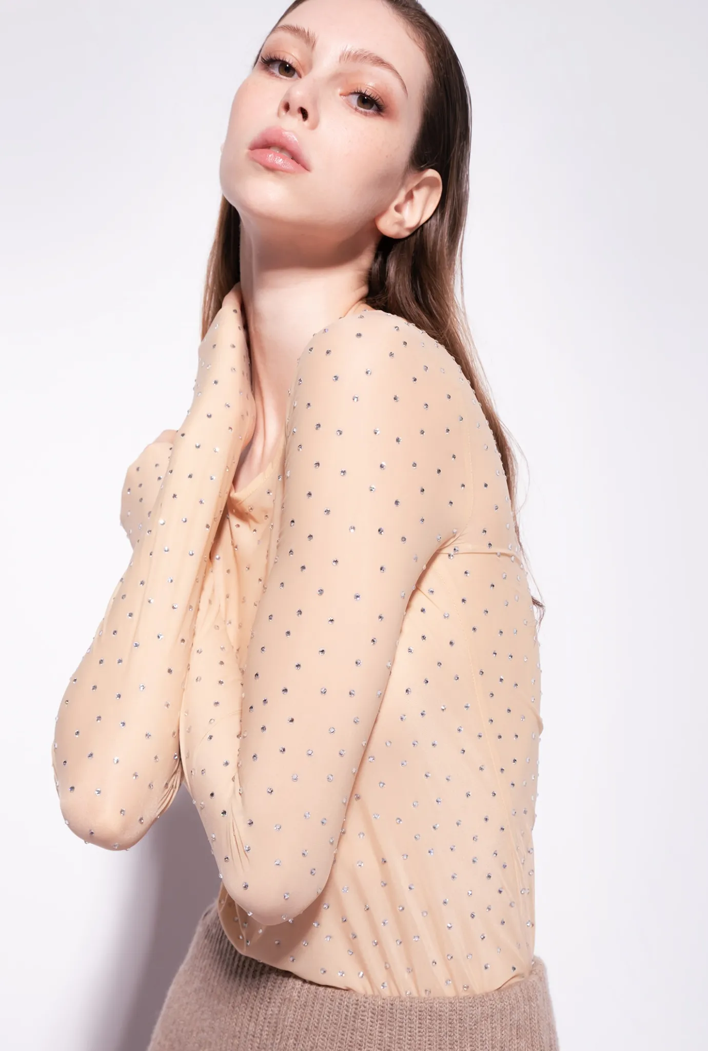 Lingerie|PINKO T-Shirt Avec Strass All-Over Beige/Amande Mate