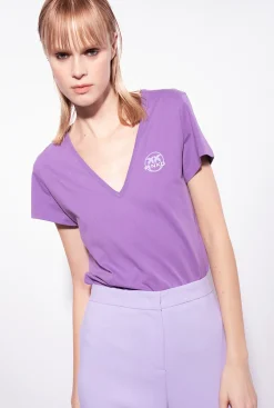 Topwear|PINKO T-Shirt Col V A Logo Lilas Lavande