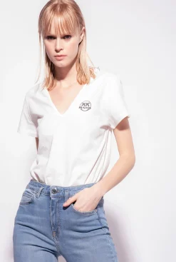 Topwear|PINKO T-Shirt Col V A Logo Blanc Soie